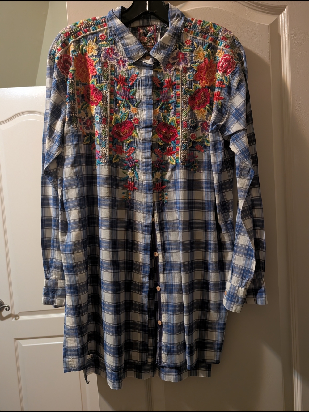 Johnny Was Blue Plaid Tunic with Embroidered Label Detail